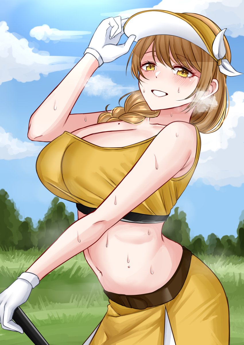 1girls bangs bare_midriff beauty_mark braid breasts cleavage female female_only fire_emblem fire_emblem_engage gloves goldmary_(fire_emblem) golf golf_club hair_over_shoulder hat heavy_breathing huge_breasts large_breasts looking_at_viewer medium_hair midriff mole mole_on_breast musk nintendo outdoors rynn_(darknescorez) side_ponytail skirt smile solo sports_bra sportswear sweat sweaty yellow_eyes