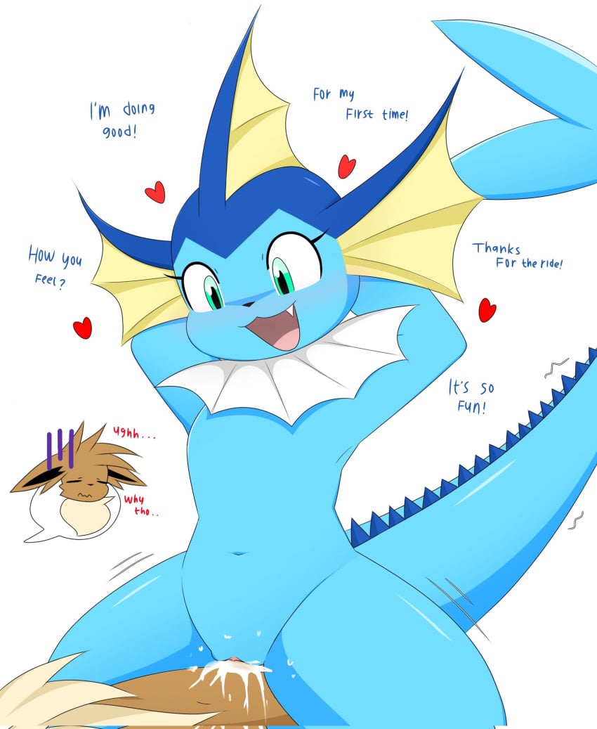 anthro blue_body bodily_fluids brown_body brown_fur chest_tuft closed_eyes cowgirl_position cum cum_in_pussy cum_inside dialogue duo eevee eeveelution female female_penetrated fin from_front_position fur generation_1_pokemon genital_fluids green_eyes happy happy_sex heart hi_res male male/female male_penetrating male_penetrating_female nakachidragon nintendo on_bottom on_top penetration penile penile_penetration pokemon pokemon_(species) sex tail text tuft vaginal_penetration vaginal_penetration vaporeon virgin