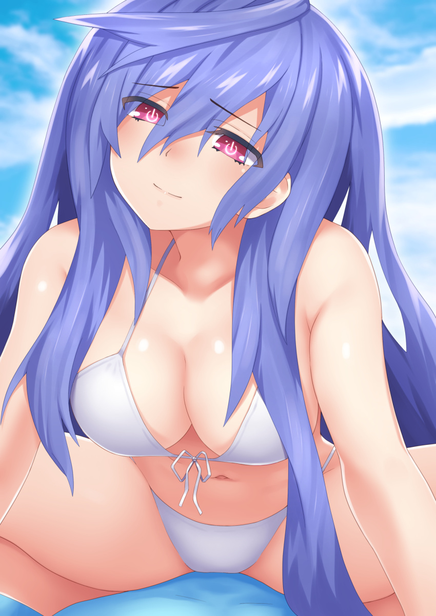 bikini blush breasts cleavage close-up goddess head_tilt iris_heart katade legs_apart light-skinned_female neptunia_(series) pink_eyes plutia purple_hair shiny_skin solo thighs very_long_hair