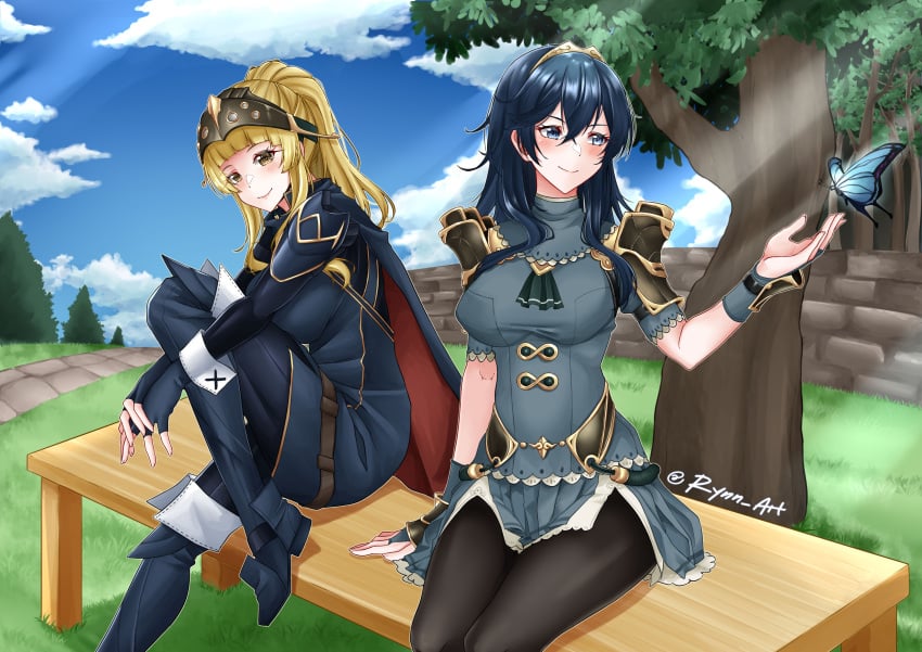 2girls alternate_costume bent_over blonde_hair blue_eyes blue_hair boots breasts brown_eyes butterfly clair_(fire_emblem) clair_(fire_emblem)_(cosplay) cosplay costume_switch crossover female female_only fingerless_gloves fire_emblem fire_emblem_awakening fire_emblem_echoes:_shadows_of_valentia gloves large_breasts long_hair looking_at_viewer lucina_(fire_emblem) lucina_(fire_emblem)_(cosplay) medium_hair multiple_girls nintendo outdoors outfit_swap pantyhose ponytail rynn_(darknescorez) sitting smile symbol-shaped_pupils thigh_boots