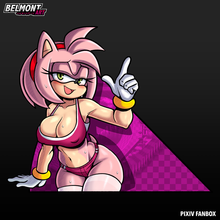 amy_rose anthro armpits belmont big_ass big_breasts furry sonic_(series) sonic_the_hedgehog_(series) sports_bra sports_uniform sportswear sweat thick_thighs thighhighs thighs wide_hips