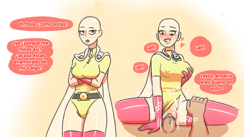 1boy 1boy1girl 1girls armwear bald bald_female bald_woman belt blushing cape genderswap genderswap_(mtf) grabbing_own_breast legwear looking_at_partner one-punch_man red_armwear red_legwear rule_63 saitama spanish_text speech_bubble straight_sex superheroine translation_request unseen_male unseen_male_face vaginal_penetration white_cape yellow_clothing