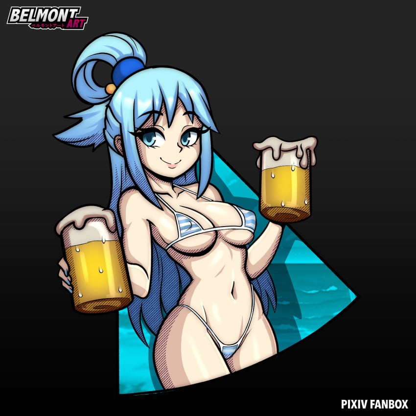 aqua_(konosuba) beer belmont big_ass big_breasts big_butt bikini blue_hair drinking kono_subarashii_sekai_ni_shukufuku_wo! long_hair micro_bikini solo thick_thighs thighs wide_hips