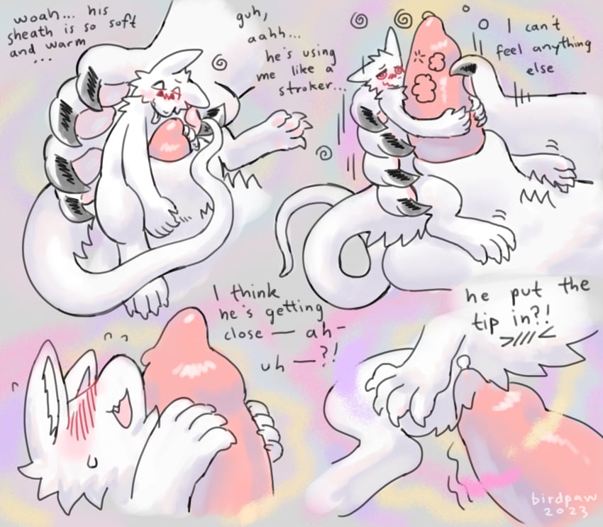 2023 abstract_background animal_genitalia anthro anthro_on_anthro anthro_penetrated anthro_penetrating anthro_penetrating_anthro birdpaw_(artist) blush bodily_fluids canid canine comic cute_fangs dialogue drugged duo embrace english_text erection fur genital_fluids genitals glistening glistening_genitalia glistening_penis half-erect hi_res hug looking_at_genitalia looking_at_penis macro macro_penetration male male/male male_penetrated male_penetrating male_penetrating_male mammal masturbation micro micro_on_macro monotone_body monotone_fur penetration penis penis_hug penis_tip pink_tongue precum sex sheath size_difference spiral_eyes substance_intoxication text tongue white_body white_fur white_sheath yes-no_question