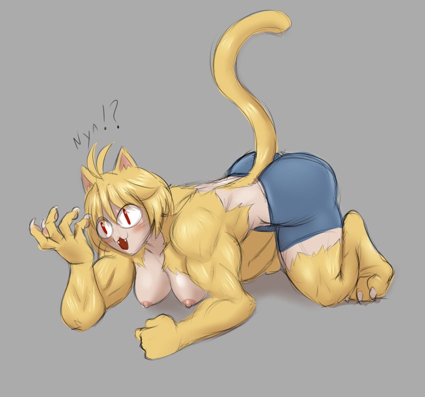 1girls blonde_hair blue_bottomwear blue_pants blush blush bottomwear buff cat_ears cat_tail catgirl feline female female_only large_ass large_breasts light-skinned_female light_skin lurkingtyger melty_blood muscular muscular_arms muscular_female muscular_thighs neco-arc pants pink_nipples red_eyes simple_background surprised tsukihime type-moon werecat werewolf yellow_fur