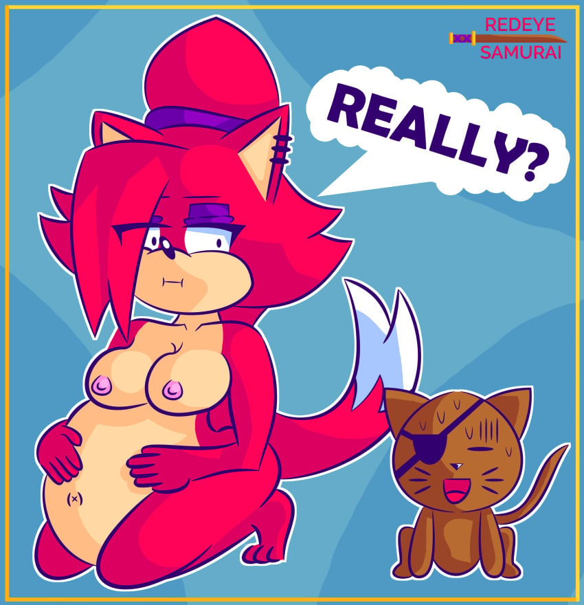 1girls absurd_res anthro asami_the_cat belly belly_expansion belly_inflation big_breasts breasts cat_tail digital_media_(artwork) duo ear_piercing english_text expansion feet female hi_res humanoid impregnation inflation nipples piercing pregnant red_body redeye_samurai_(artist) serious serious_face simple_background sonic_(series) speech_bubble tail text worried worried_face worried_look