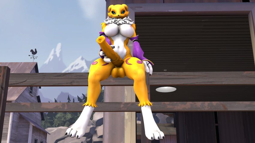 3d absurdres animal_genitalia animal_penis anthro bandai_namco big_penis breasts digimon digimon_(species) equine_genitalia equine_penis fur furry futanari genitals highres huge_filesize intersex large_breasts looking_at_viewer nipples penis pepperfuta pov renamon renamon_(warfaremchine) solo testicles yellow_penis