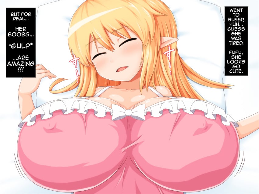 areola areolae big_breasts bimbo blonde_hair blush camisole elf_ears english_text fairy female gigantic_breasts huge_breasts hyper_breasts large_breasts lingerie massive_breasts monaka_(gatinemiku) nipples original original_character paizuri_fairies! pazuri_(monaka) pointy_ears puffy_nipples red_eyes shiny_skin short_stack shortstack sleeping