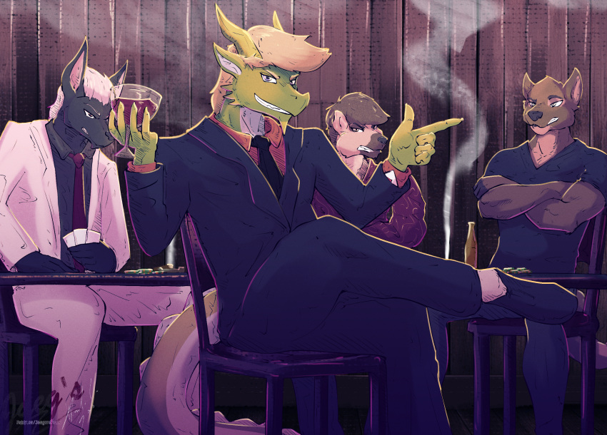 alcohol beverage canid canine canis celadon_vian cigarette cigarette_smoke clothing cocky_smile container cup domestic_dog dragon drinking_glass glass glass_container glass_cup hi_res hyena imminent_rape jackal jaeger_wunderkind male mammal reptile scalie smile smirk suit wine wine_glass