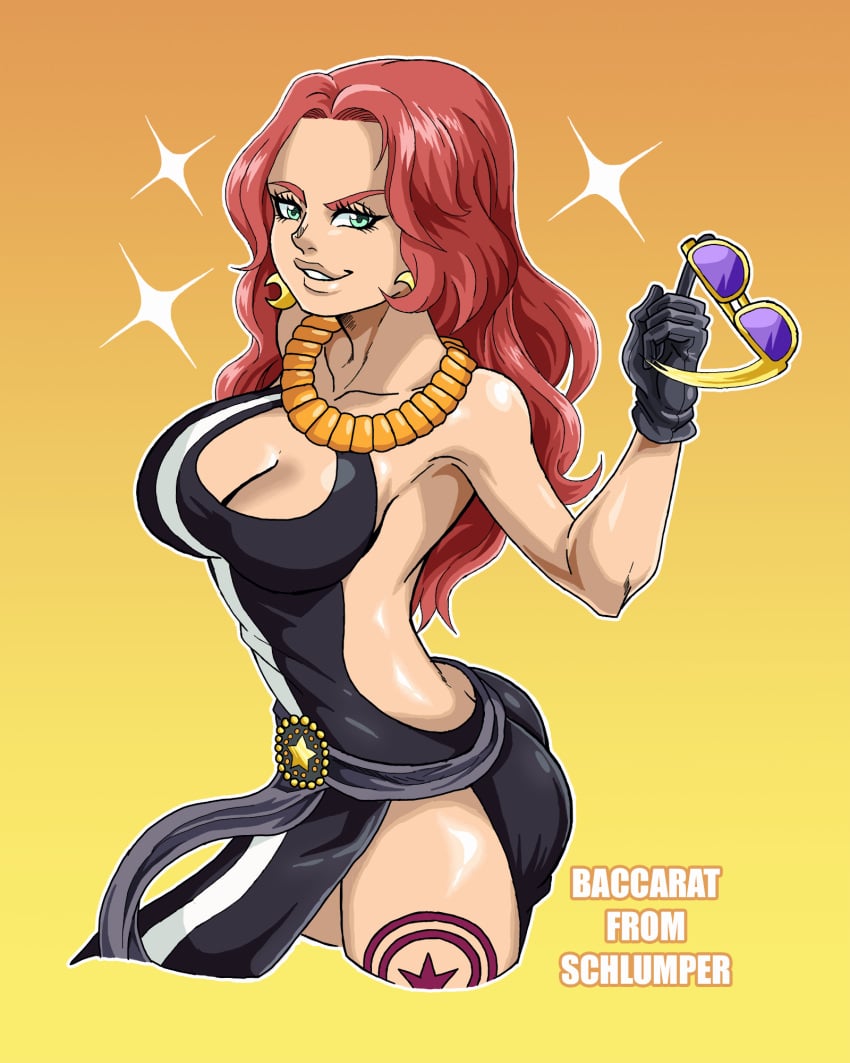 1girls 2023 baccarat_(one_piece) big_ass big_breasts big_butt black_dress boob_window boobs_and_butt_pose breasts curvy curvy_figure earrings female female_focus female_only gloves green_eyes long_hair one_piece one_piece_film_gold red_hair schlumper shiny_skin simple_background tanned_female tanned_skin tattoo