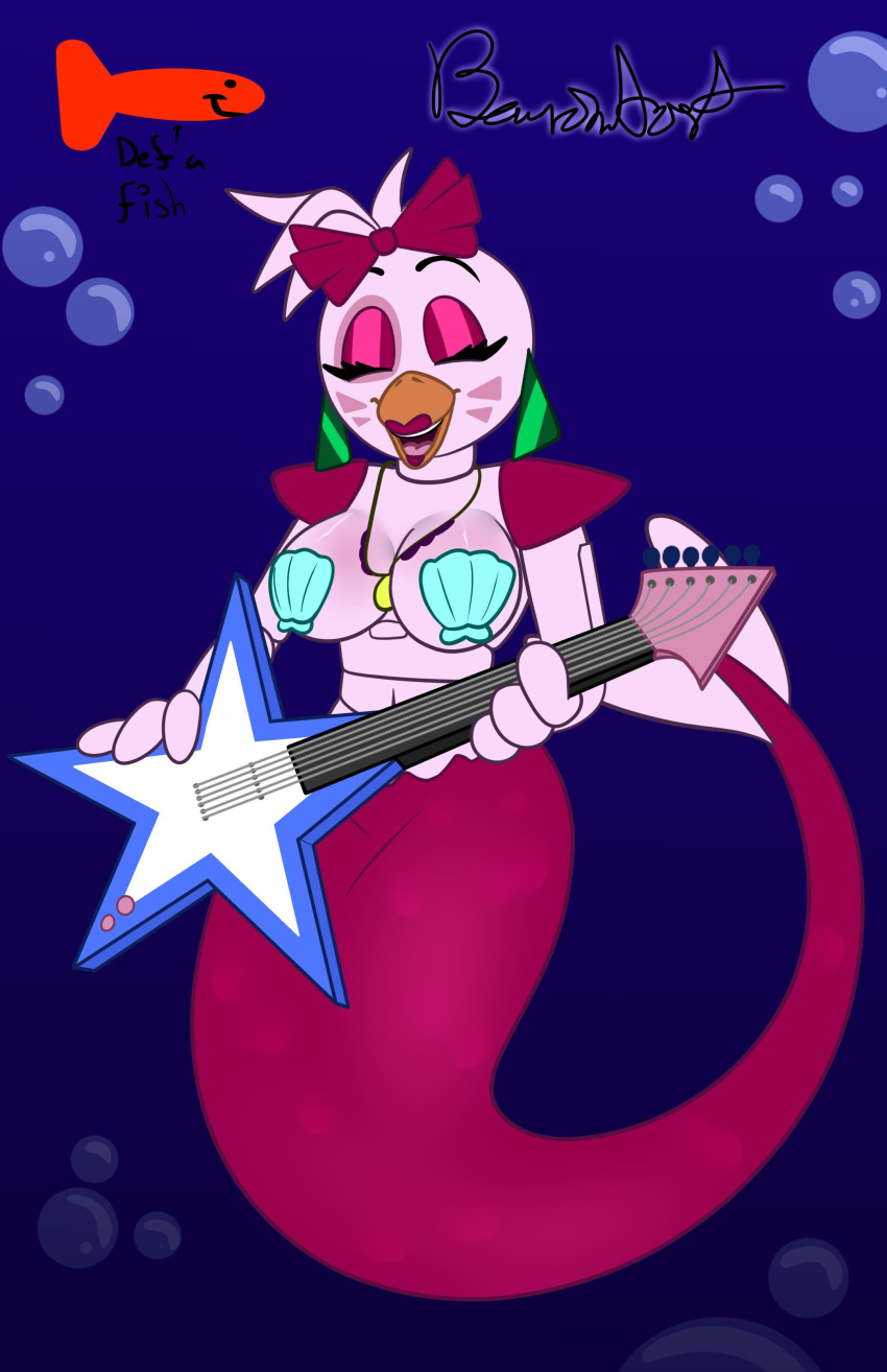 anthro beanontoast big_breasts breasts female five_nights_at_freddy's five_nights_at_freddy's:_security_breach glamrock_chica_(fnaf) guitar mermaid mermaid_tail seashell_bra solo