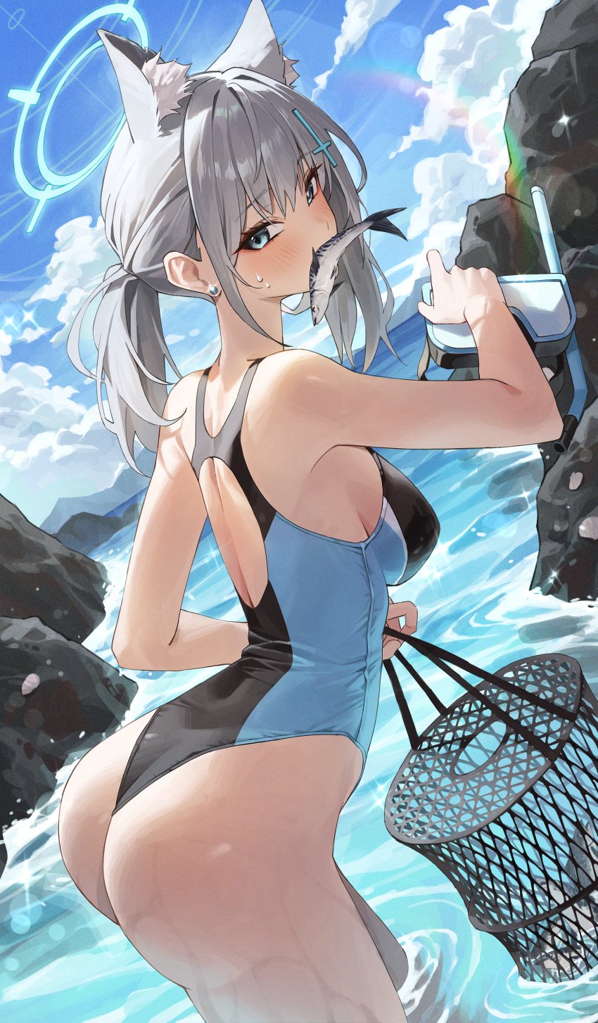 abydos_high_school_student blue_archive fish fish_cage fish_in_mouth fishing foreclosure_task_force_(blue_archive) huge_ass medium_breasts net netural ocean partially_submerged rainbow shiroko_(blue_archive) shiroko_(swimsuit)_(blue_archive) snorkel thick_thighs wide_hips wolf_ears