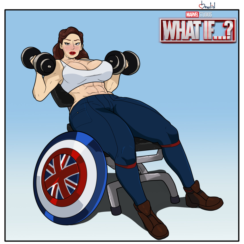 abs blue_pants blush brown_hair captain_carter heartist marvel marvel_cinematic_universe peggy_carter sitting_on_chair sweat sweating what_if...? workout