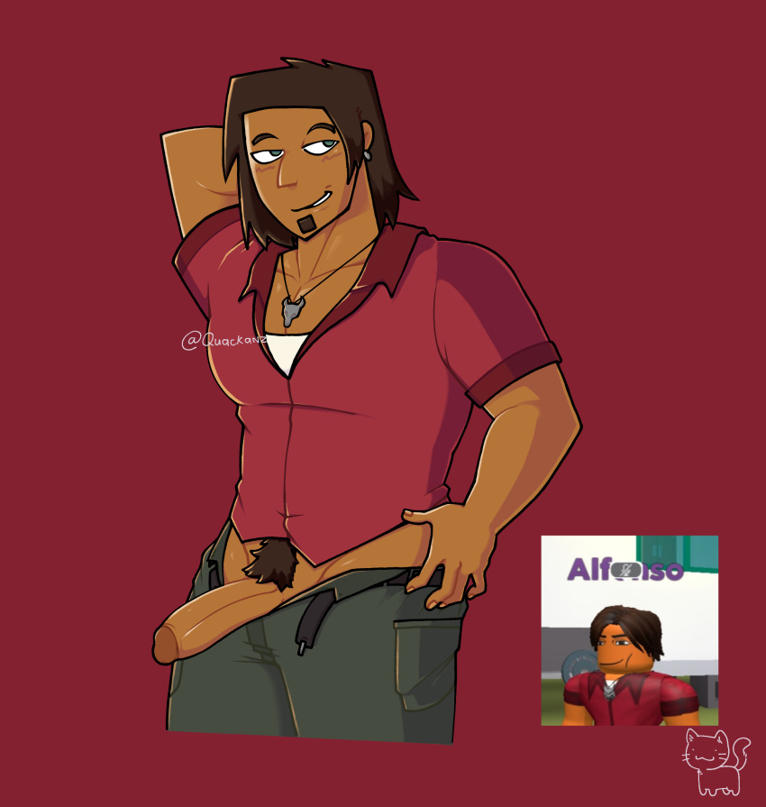 alejandro_burromuerto_(tdi) blush male_only man_face(roblox) medium_penis penis_out quackanz reference_image roblox smirk tagme tan_skin total_drama_island watermark