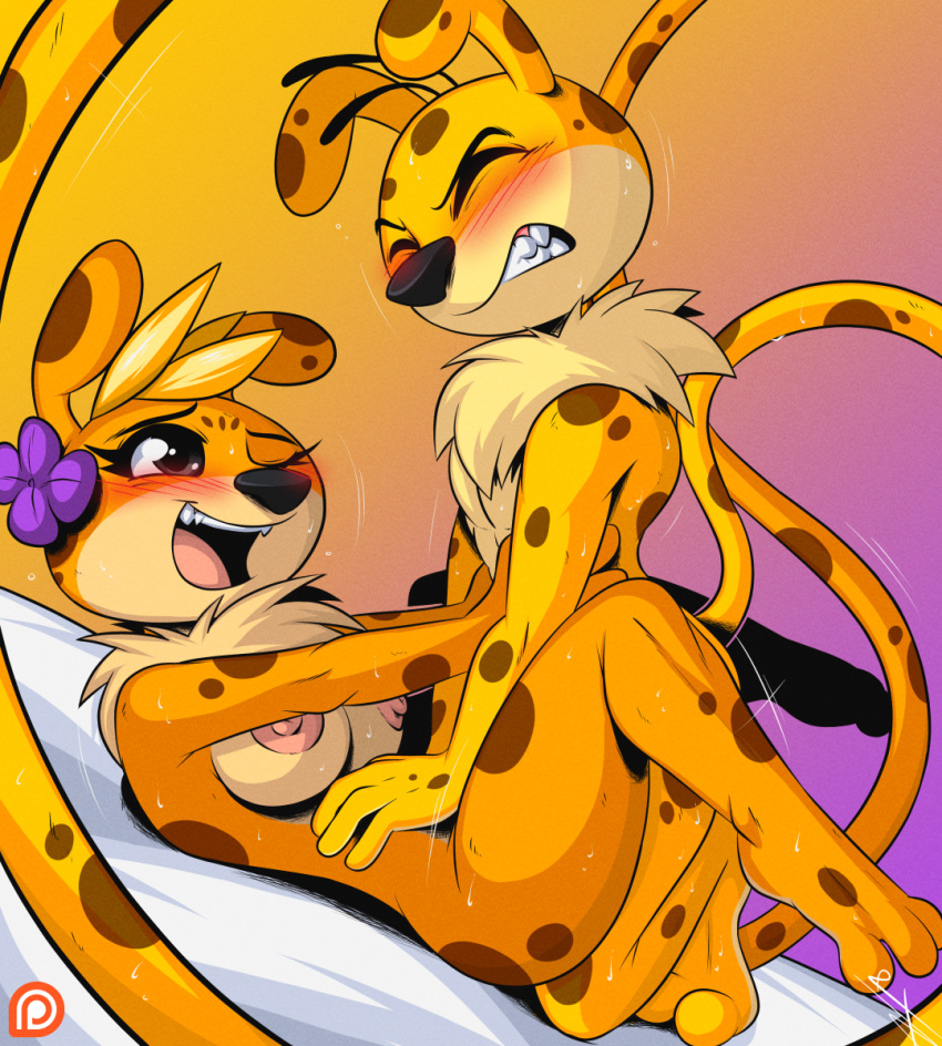 2023 anthro anthro_on_anthro black_nose blonde_hair breasts clenched_teeth closed_eyes digital_media_(artwork) duo dutch_angle euyoshi89 female flower_on_head hair hi_res hope_(marsupilami_hoobadventure) male male/female marsupilami marsupilami_(character) marsupilami_(series) nipples nude one_eye_closed open_mouth sex smile spots spotted_body teeth twister_(marsupilami_hoobadventure)