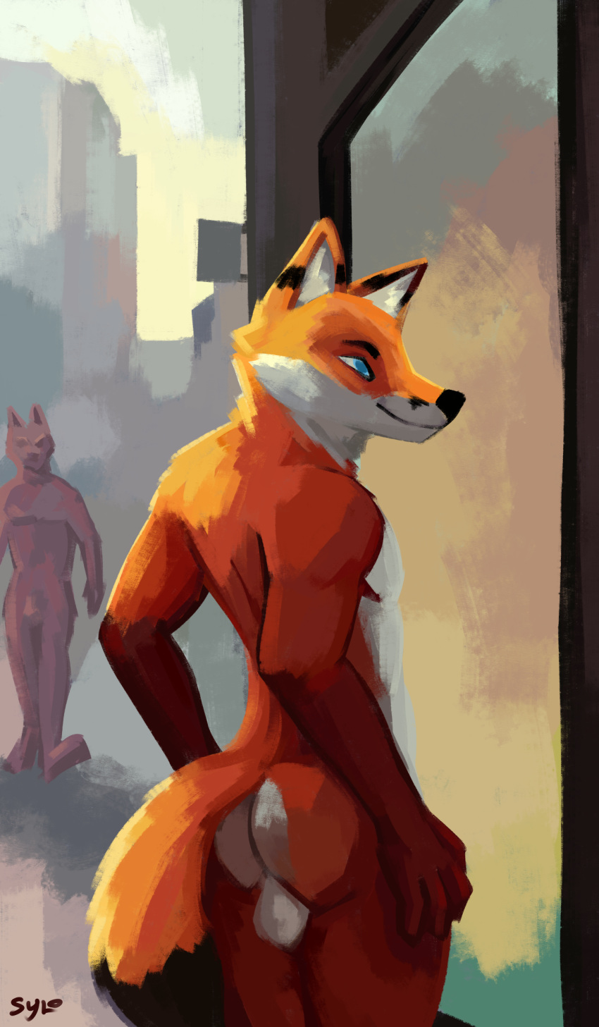 absurd_res anthro ass balls canid canine canis city city_background digital_media_(artwork) fox fur genitals hi_res male mammal nude orange_body orange_fur outside public public_nudity rear_view red_fox solo sylo