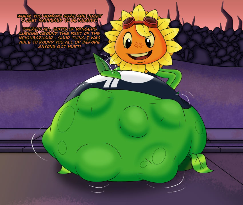 belly big_belly ectoplasmicresidue english_text fat fat_fetish fetish flower flower_girl plant plant_girl plants_vs_zombies plants_vs_zombies:_heroes popcap_games pvz solar_flare_(pvz) stomach sunflower sunflower_(pvz) text vore vore_belly