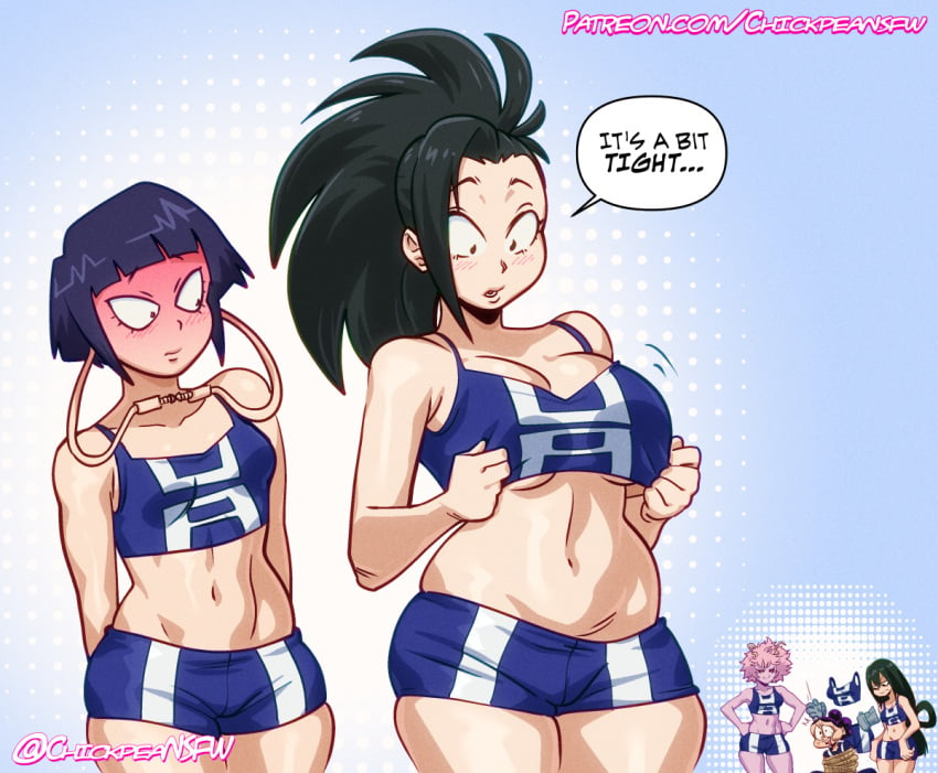 1boy 2023 5girls big_breasts black_hair blue_background blush characters_in_the_background chickpea color colored crop_top dialogue english_text female female_focus funny gloves hagakure_tooru_(invisible) humor invisible_girl kyoka_jiro long_hair looking_at_another looking_down male medium_support_(meme) meme mina_ashido minoru_mineta momo_yaoyorozu motion_lines multiple_girls my_hero_academia pink_hair pink_skin short_hair short_shorts simple_background speech_bubble text tied_up_male tooru_hagakure tooru_hagakure_(invisible) tsuyu_asui very_long_hair workout_clothes yaoyorozu_momo yuri