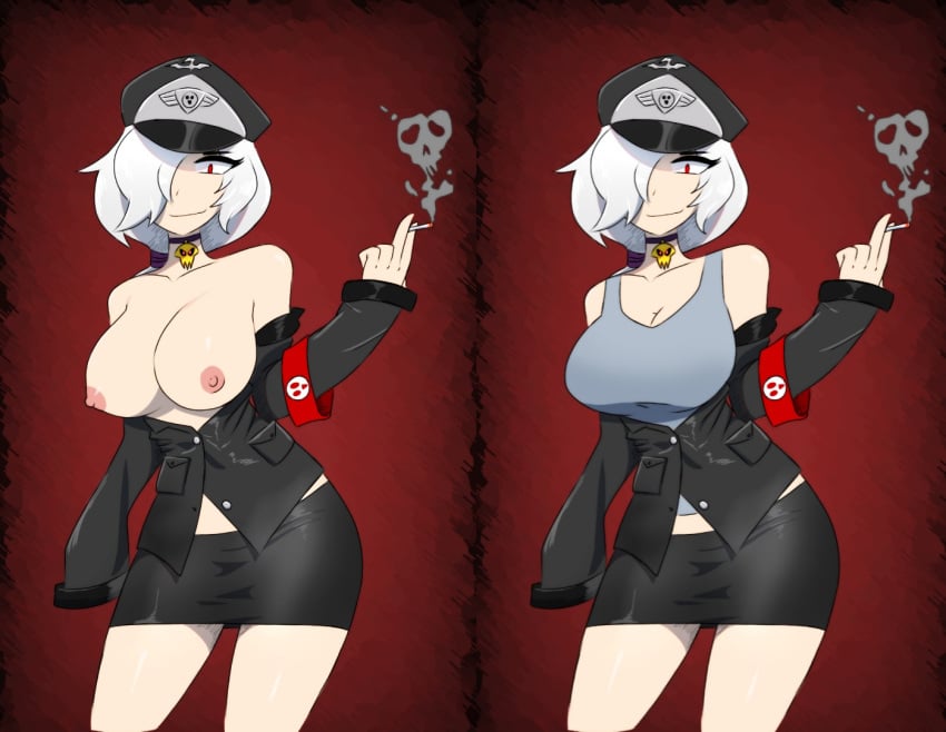 1girls bare_shoulders black_jacket black_skirt brawl_stars breasts busty choker cigarette colette_(brawl_stars) female female_only grin hair_over_one_eye holding_object huge_breasts long_sleeves looking_at_viewer maroon_background medium_hair nazi_uniform nipples one_eye_covered pale-skinned_female pale_skin red_eyes scoopsky simple_background standing supercell tagme tank_top two_pictures white_hair