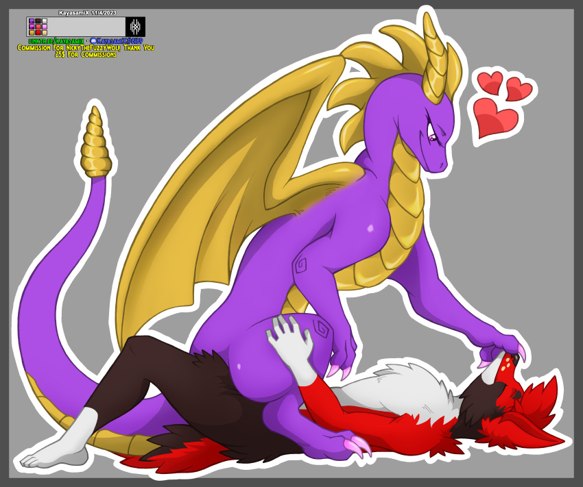 absurd_res activision anthro canid canine colored detailed dragon duo female feral from_front_position fur hands_on_legs hi_res horn humanoid kayasamix lizard lying male male/female mammal on_back one_eye_closed open_wings penetration purple_body red_body reptile reverse_missionary_position scalie sex sitting size_difference smile spread_legs spreading spyro spyro_the_dragon tail traditional_media_(artwork) vaginal_penetration vaginal_penetration wings yellow_horn yellow_wings zoophilia