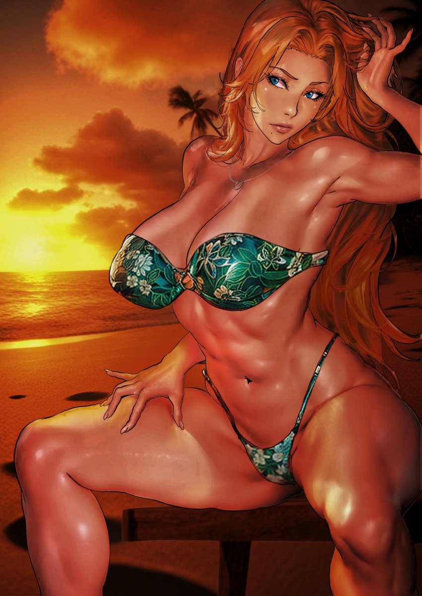 1girls b_0_rukia beach big_breasts bikini bikini_bottom bikini_top bleach blue_eyes bottomwear breasts cleavage female female_only green_bikini hair huge_breasts lips long_hair matsumoto_rangiku mole mole_under_mouth nails necklace neckwear orange_hair solo solo_female swimwear thighs topwear