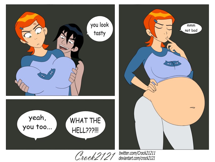 1boy 1girls belly ben_10 big_belly big_breasts black_hair breasts cartoon_network comic crock21211 dialogue female female_pred groping groping_from_behind gwen_tennyson interspecies kevin_levin large_breasts male men_in_black_ii movie_reference oral_vore orange_hair same_size_vore text vore vore_belly