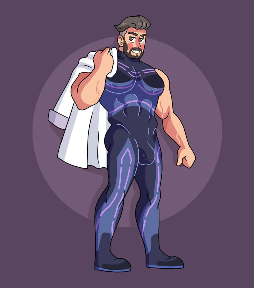 1boy 2022 bara barazoku beard blush bulge clothing facial_hair gay hairy hi_res highres looking_at_viewer male male_focus male_only manly muscular_male nintendo pokemon pokemon_sv professor_turo solo solo_male tight_clothing yaoi