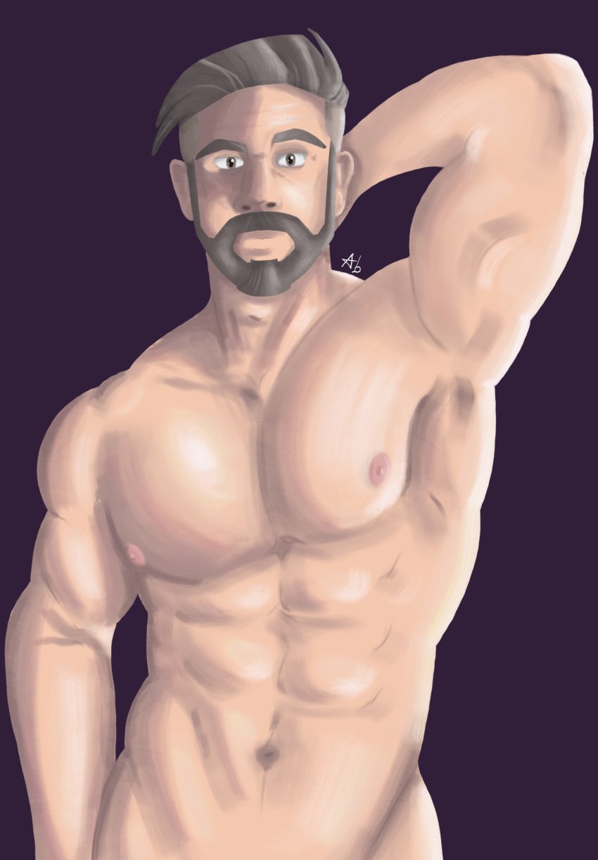 abs armpit armpits beard brown_hair hands_behind_head looking_at_viewer male male_only muscular muscular_arms muscular_male pecs pokemon pokemon_sv professor_turo shirtless video_games