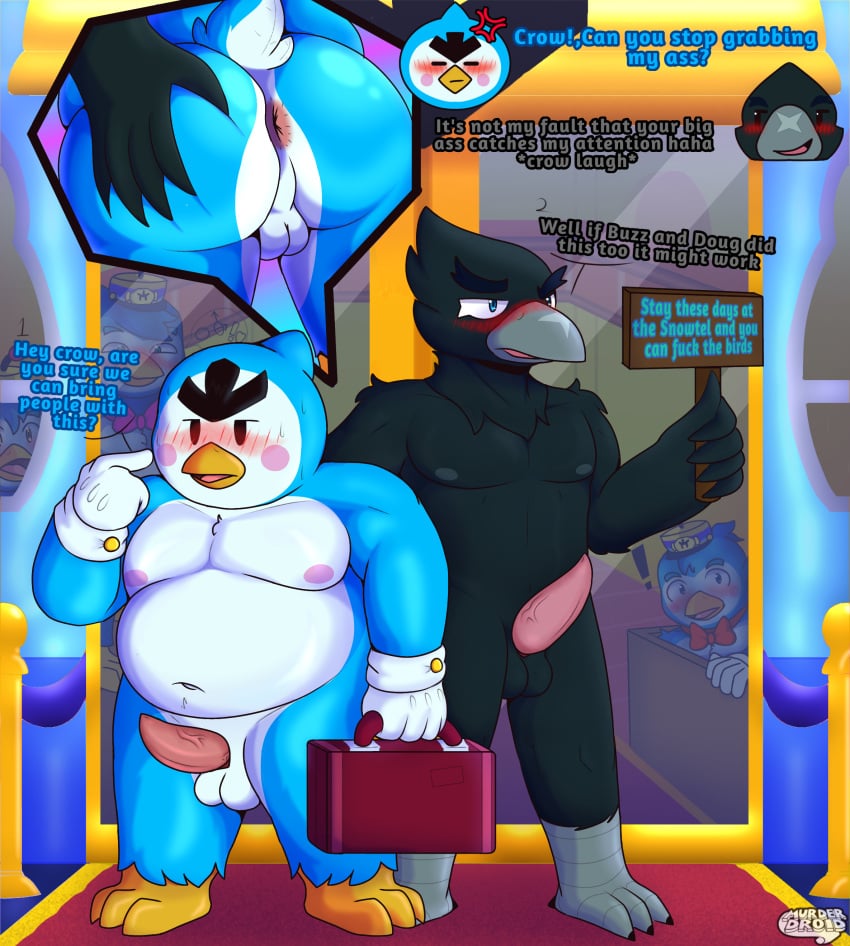 absurd_res anthro ass avian big_butt big_penis bird brawl_stars chubby_male crow_(brawl_stars) duo genitals group hi_res male male/male mr.p_(brawl_stars) murderdroid_(artist) penis solo trio