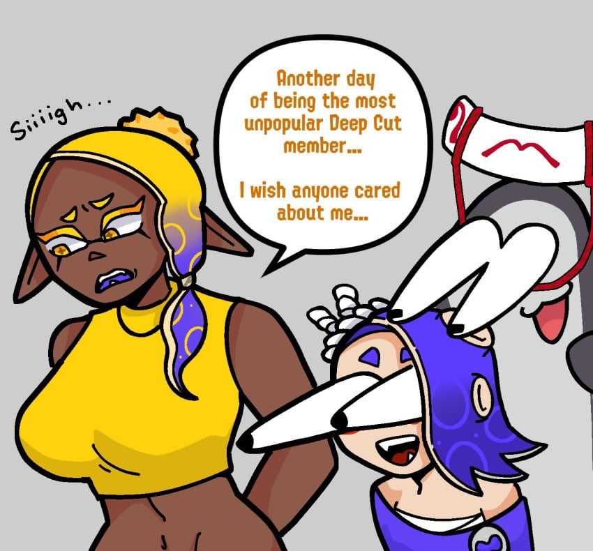 1boy 2023 2girls animal_humanoid anthro awooga batoid big_breasts big_man_(splatoon) blue_hair breast_awe breasts brown_body brown_skin cartoon_eyes cartoony cephalopod cephalopod_humanoid clothing crop_top dark-skinned_female dark_body dark_skin dialogue english_text eyes_bugging_out female female/female fish frye_(splatoon) grey_body group hi_res humanoid humor inkling looking_at_breasts male manta_ray marine marine_humanoid midriff navel nintendo octarian octoling shirt shiver_(splatoon) speckled_body splatoon splatoon_3 stingray text text_bubble toony toony_eyes topwear trio unknown_artist wild_take yellow_hair