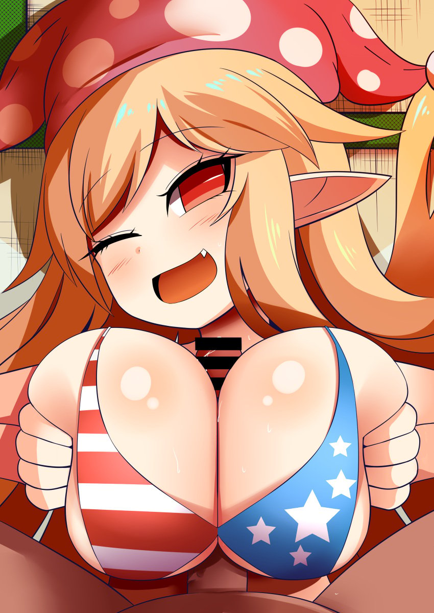 1boy 1girls american_flag american_flag_bikini bikini blonde_hair clownpiece hat huge_breasts jester_cap paizuri pointy_ears pov red_eyes straight touhou xialu_zajin