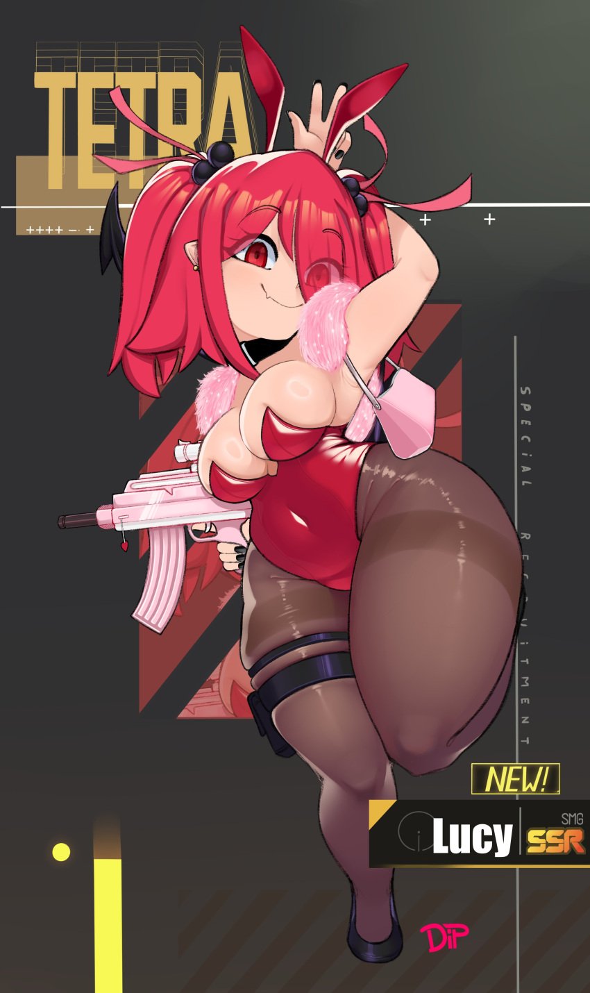 1girls armpits arms_behind_head arms_up ass big_ass breasts bunny_ears bunnysuit clothed clothing cute dipx female female_focus female_only goddess_of_victory:_nikke gun happy hips hips_wider_than_shoulders holding_gun light-skinned_female looking_at_viewer lucy_(dipx) medium_breasts pantyhose pose ranged_weapon red_eyes red_hair shortstack submachine_gun thick_thighs thighs tight_clothing twintails weapon wide_hips