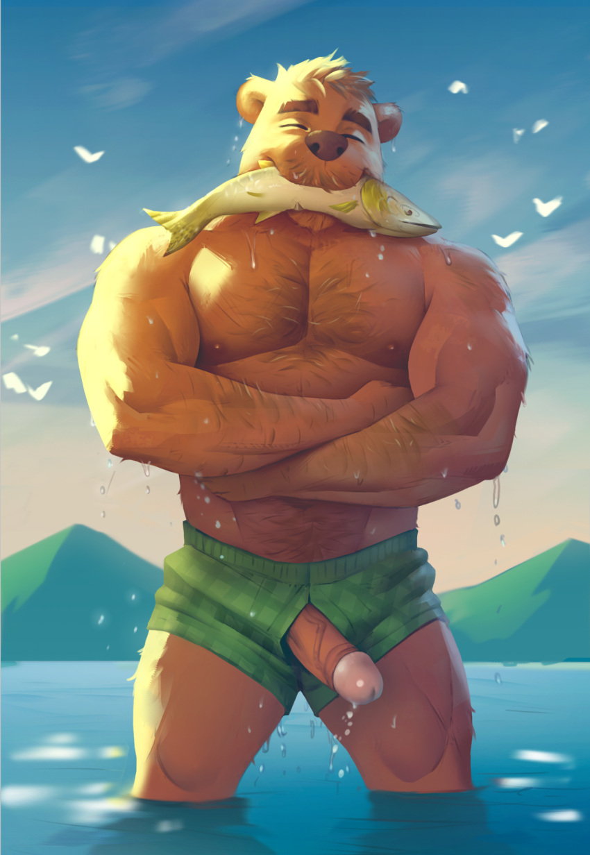 abs anthro arm_hair avian barechested bear belly belly_hair biceps bird body_hair boxers_(clothing) boxers_only chest_hair closed_eyes clothed clothing crossed_arms droplets erection facial_hair fish fish_in_mouth forearm_hair forearms genitals goatee green_boxers green_clothing green_underwear happy hi_res highpups male mammal manly marine mountain moustache muscular muscular_legs nipples open_boxers open_underwear otter outside partially_submerged pecs penis poking_out poking_penis proud shirtless shirtless_male shoulder_hair solo topless topless_male triceps underwear underwear_only vein veiny_penis