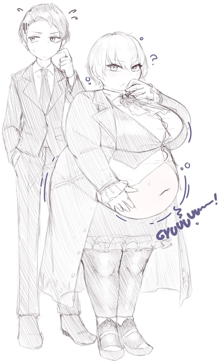 angela_(library_of_ruina) angela_(lobotomy_corporation) belly big_belly big_breasts breasts chubby chubby_female fat female library_of_ruina male project_moon question_mark roland skirt suit sweat tagme