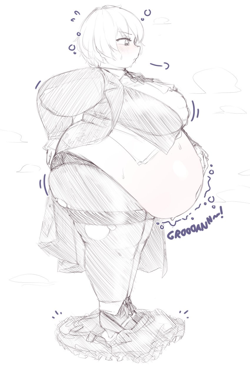 angela_(library_of_ruina) angela_(lobotomy_corporation) belly big_belly big_breasts breasts chubby chubby_female fat female library_of_ruina male project_moon question_mark side side_view skirt suit sweat tagme