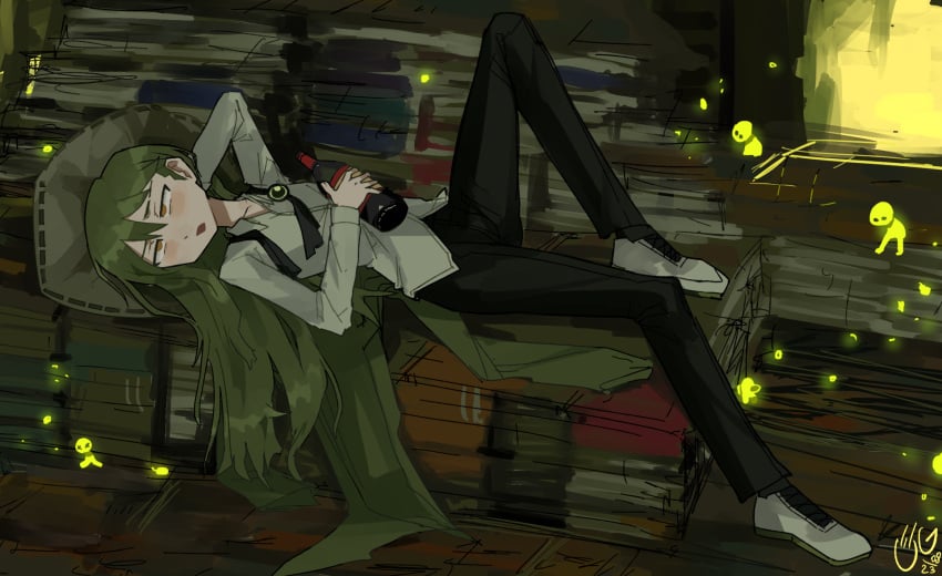 blush book bookshelf bottle drunk femboy green_hair library_of_ruina long_hair lying lying_down male netzach project_moon tagme