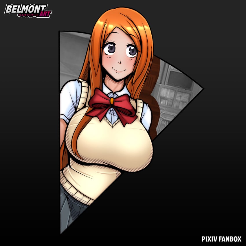 belmont big_breasts bleach inoue_orihime orange_hair school_uniform shy