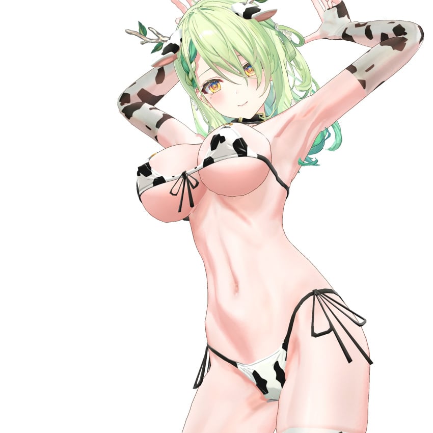 1girls 3d ceres_fauna cow_bikini cow_ears cow_print female hololive hololive_english hololive_english_-council- hololive_english_-promise- large_breasts smile string_bikini suyakouta virtual_youtuber