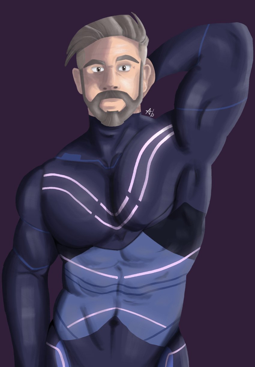 1boy beard brown_hair gay looking_at_viewer male male_only muscles_through_clothes muscular muscular_arms muscular_male pokemon pokemon_sv professor_turo skin_tight skin_tight_suit