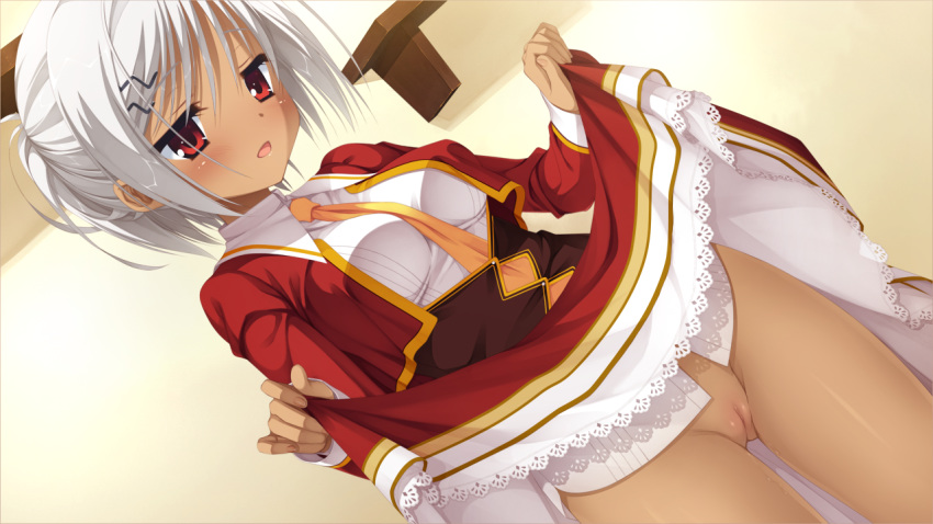 amairo_islenauts blush game_cg gray_hair hinomiya_konoka muririn nopan photoshop pussy_juice red_eyes seifuku short_hair skirt skirt_lift uncensored vagina yuzusoft