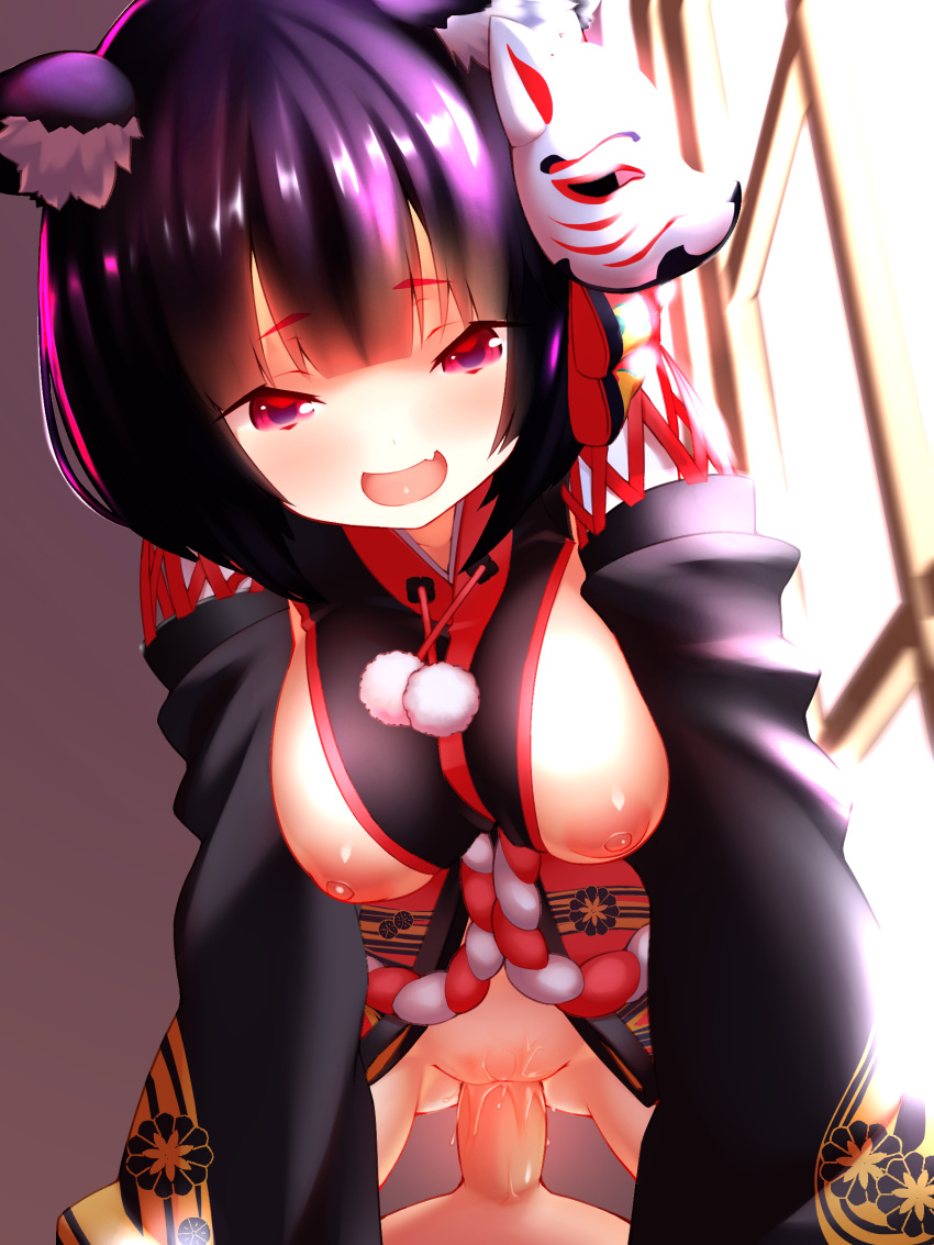 1boy absurdres animal_ears azur_lane black_hair black_kimono bottomless breasts breasts_out cat_ears clothed_female_nude_male cowgirl_position endou-jun female fox_mask gluteal_fold groin highres japanese_clothes kimono leaning_forward mask mask_on_head nipples nude oerba_yun_fang open_clothes open_kimono open_mouth penis pov pussy red_eyes sex short_hair short_kimono smile straddling vaginal_penetration yamashiro_(azur_lane)