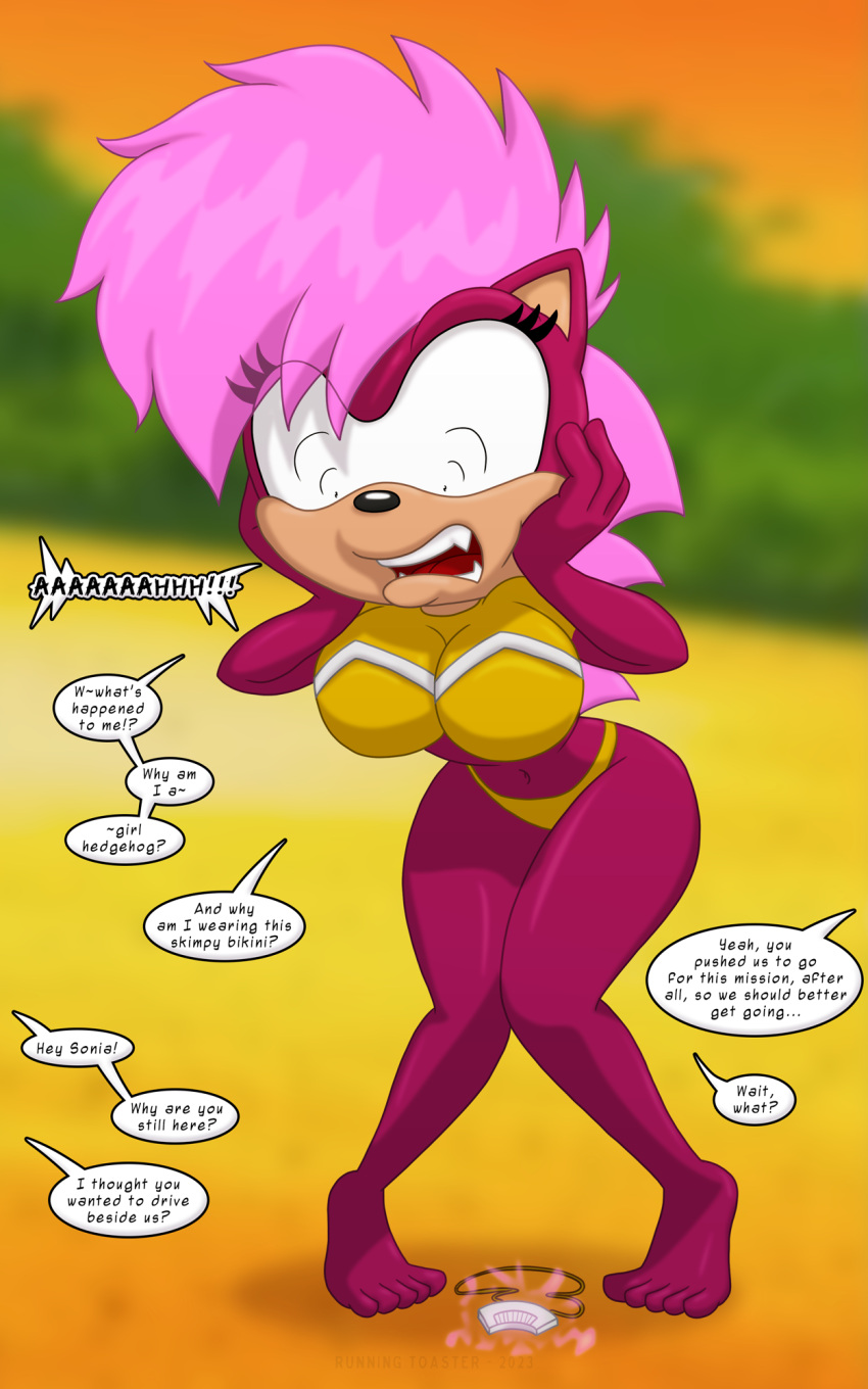 between_legs big_breasts bikini body_swap confusion detailed_background dialogue female female_only hands_on_face hedgehog hourglass_figure mind_swap mobian_(species) necklace necklace_removed shocked shocked_expression solo solo_female solo_focus sonia_the_hedgehog sonic_(series) sonic_the_hedgehog_(series) sonic_underground unseen_character