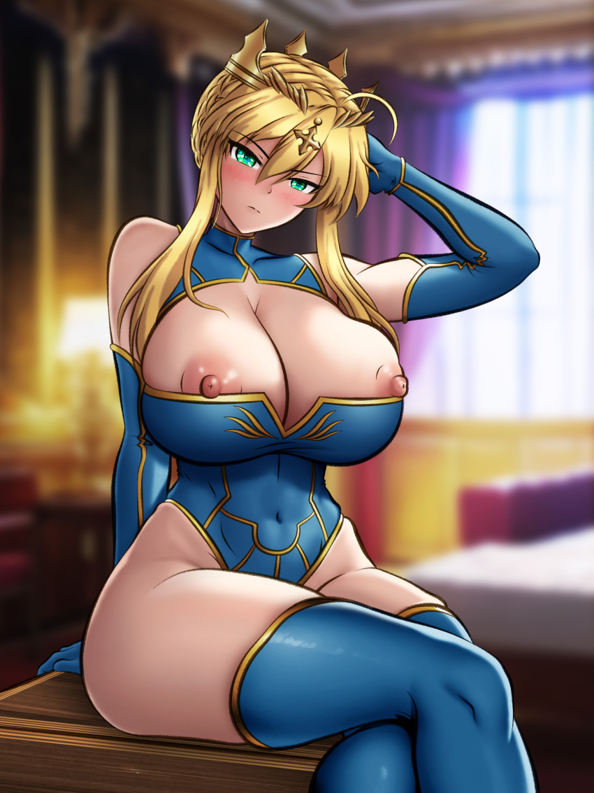 1girls areolae artoria_pendragon_(lancer) big_breasts big_thighs breasts busty cleavage fate_(series) female female_only huge_breasts huge_thighs large_breasts large_thighs ldukem69 leotard light-skinned_female light_skin looking_at_viewer nipples sitting solo solo_female thick_thighs thighs voluptuous