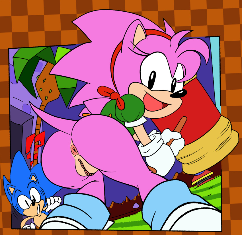 2023 absurd_res amy_rose anthro anus ass bottomless classic_amy_rose classic_sonic classic_sonic_(universe) clothed clothing collaboration duo eulipotyphlan exclamation_point female genitals hair hammer hedgehog hi_res holding_hammer holding_object holding_tool looking_at_viewer looking_back looking_back_at_viewer male mammal multicolored_body ninoeros open_mouth open_smile pink_body pink_hair pussy question_mark sega smile smiling_at_viewer sonic_(series) sonic_the_hedgehog sonic_the_hedgehog_(series) sr tan_body tools two_tone_body