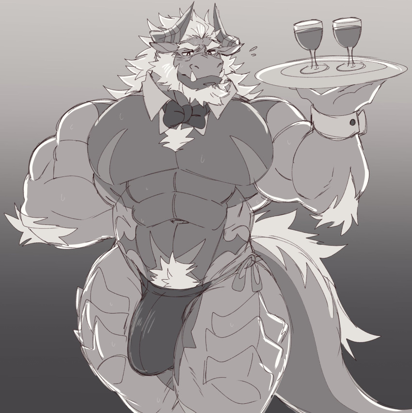 2022 2_horns abs alcohol anthro arm_tuft beard beverage biceps big_pecs bow_tie bulge chest_tuft clothed clothing container cup dragon drinking_glass elbow_tuft facial_hair glass glass_container glass_cup gradient_background hi_res horn juggermelon male monochrome muscular muscular_anthro muscular_male muscular_thighs navel obliques pecs pubes scales scalie server simple_background singed_(ffizzy_) solo tail_mane thong thong_only topless tuft tusks underwear underwear_only wine wine_glass