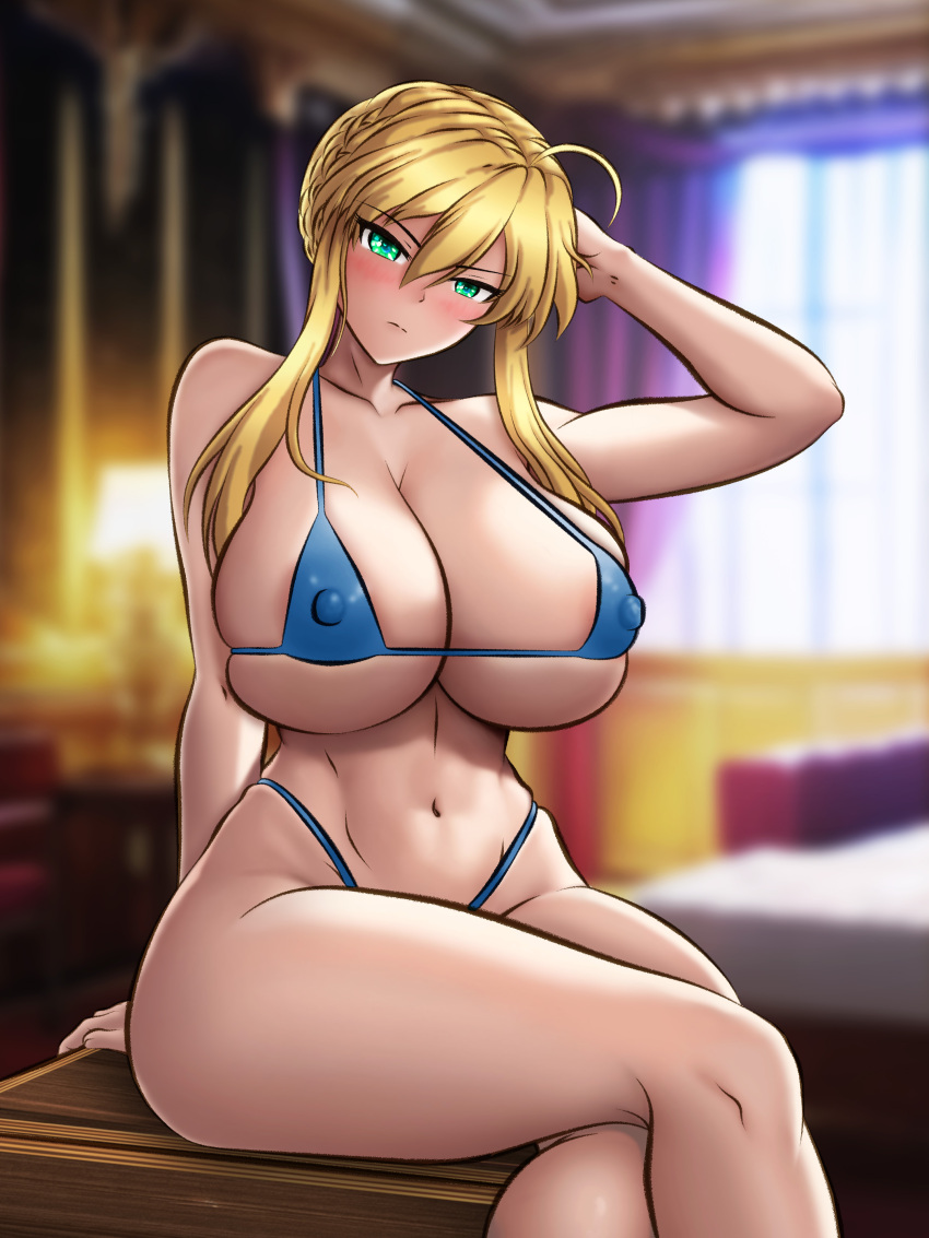 1girls areolae artoria_pendragon_(lancer) big_breasts big_thighs bikini breasts busty cleavage fate_(series) female female_only huge_breasts huge_thighs large_breasts large_thighs ldukem69 light-skinned_female light_skin looking_at_viewer micro_bikini navel nipple_bulge nipples sitting solo solo_female swimsuit thick_thighs thighs voluptuous