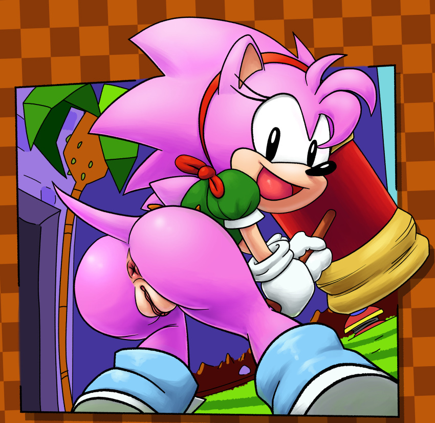 2023 absurd_res amy_rose anthro anus ass bottomless classic_amy_rose classic_sonic_(universe) clothed clothing collaboration eulipotyphlan female genitals hair hammer hedgehog hi_res holding_hammer holding_object holding_tool looking_at_viewer looking_back looking_back_at_viewer mammal multicolored_body ninoeros open_mouth open_smile pink_body pink_hair pussy sega smile smiling_at_viewer solo sonic_(series) sonic_the_hedgehog_(series) sr tan_body tools two_tone_body