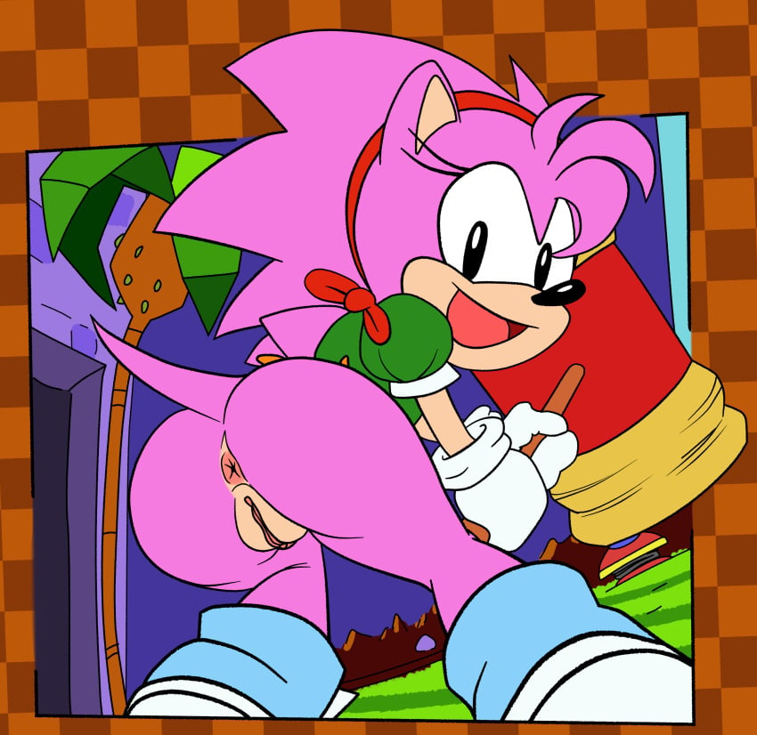 2023 absurd_res amy_rose anthro anus ass bottomless classic_amy_rose classic_sonic_(universe) clothed clothing collaboration eulipotyphlan female genitals hair hammer hedgehog hi_res holding_hammer holding_object holding_tool looking_at_viewer looking_back looking_back_at_viewer mammal multicolored_body ninoeros open_mouth open_smile pink_body pink_hair pussy sega smile smiling_at_viewer solo sonic_(series) sonic_the_hedgehog_(series) sr tan_body tools two_tone_body