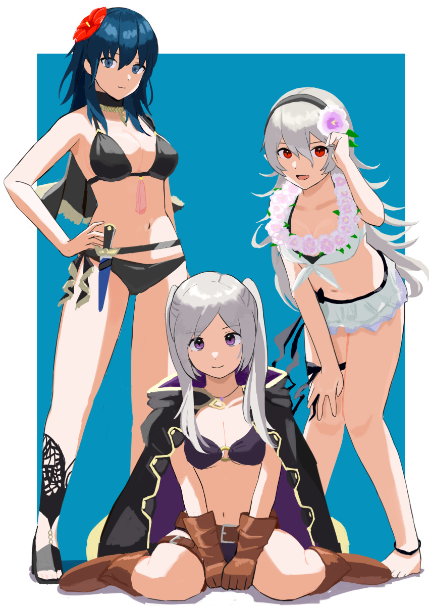 2023 3girls absurdres alternate_costume aoyagi_888 bent_knees bikini black_bikini black_swimsuit blue_eyes blue_hair byleth_(female)_(summer)_(fire_emblem) byleth_(fire_emblem) byleth_(fire_emblem)_(female) cape cleavage corrin_(female)_(summer)_(fire_emblem) corrin_(fire_emblem) corrin_(fire_emblem)_(female) dagger female female_only fire_emblem fire_emblem:_three_houses fire_emblem_awakening fire_emblem_fates fire_emblem_heroes flower hair_flower highres large_breasts lei light-skinned_female light_skin long_hair looking_at_viewer medium_breasts nintendo official_alternate_costume open_mouth purple_bikini purple_eyes purple_swimsuit red_eyes robin_(female)_(summer)_(fire_emblem) robin_(fire_emblem) robin_(fire_emblem)_(female) simple_background tassel twintails white_bikini white_hair white_swimsuit