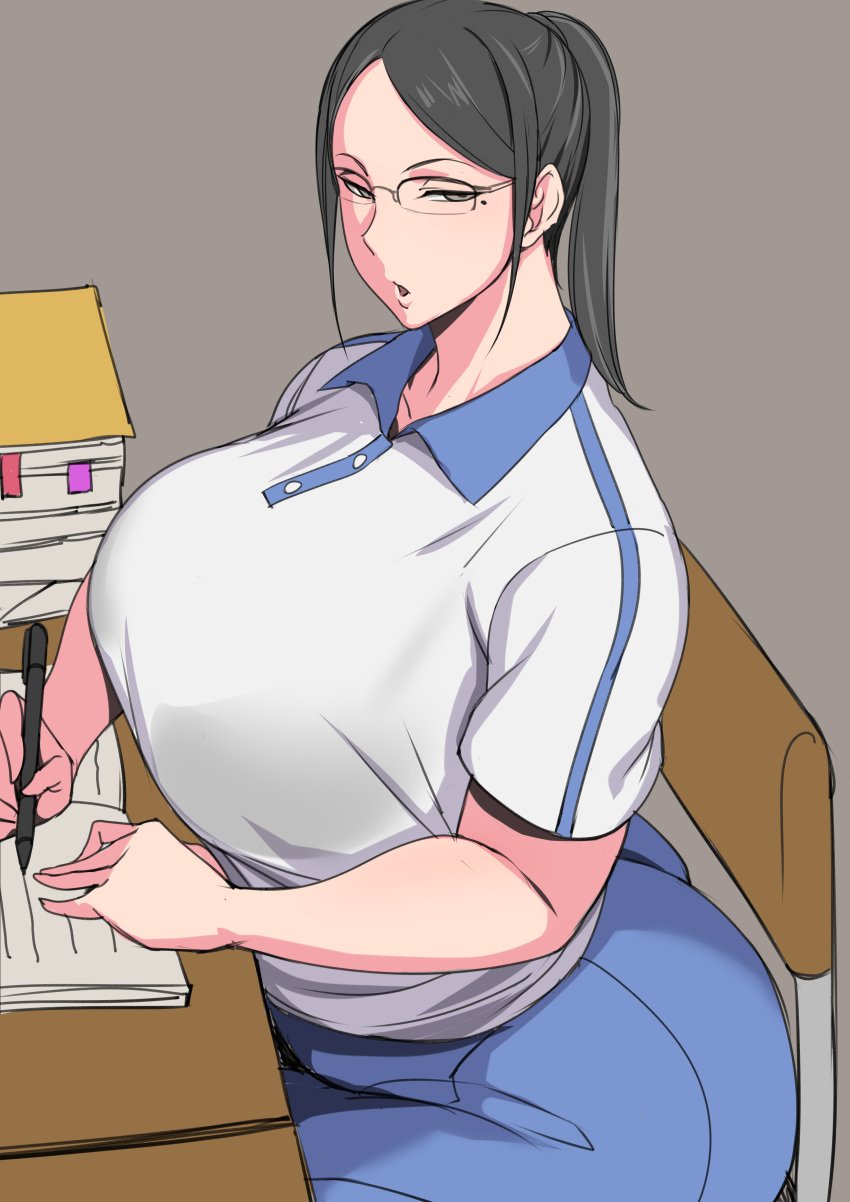 1girls ass big_ass big_breasts black_hair bra bra_visible_through_clothes breasts breasts busty chair curvaceous curvy curvy_body curvy_female curvy_figure desk female glasses huge_breasts large_breasts love321 mole original original_character plump plump_ass school_uniform voluptuous